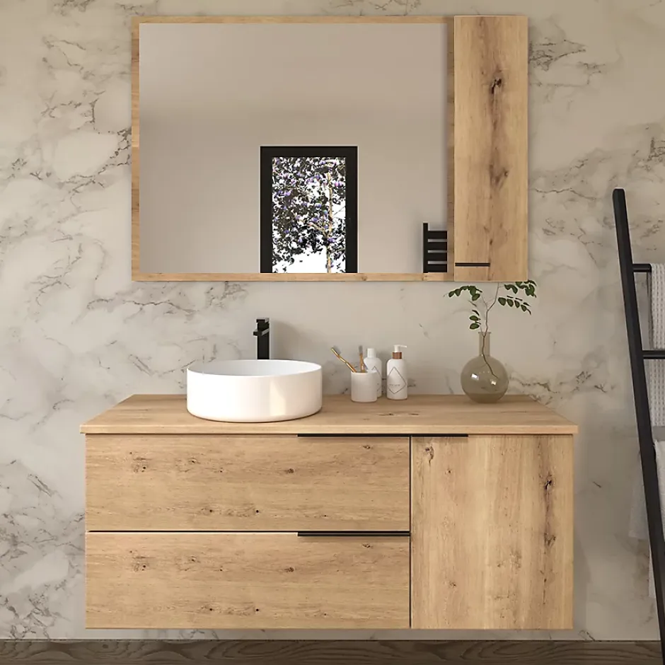 Cosyneo Meuble de salle de bain 100cm avec vasque à poser ronde - 2 tiroirs - roble (chêne clair) - KING* Ensemble Meuble De Salle De Bains