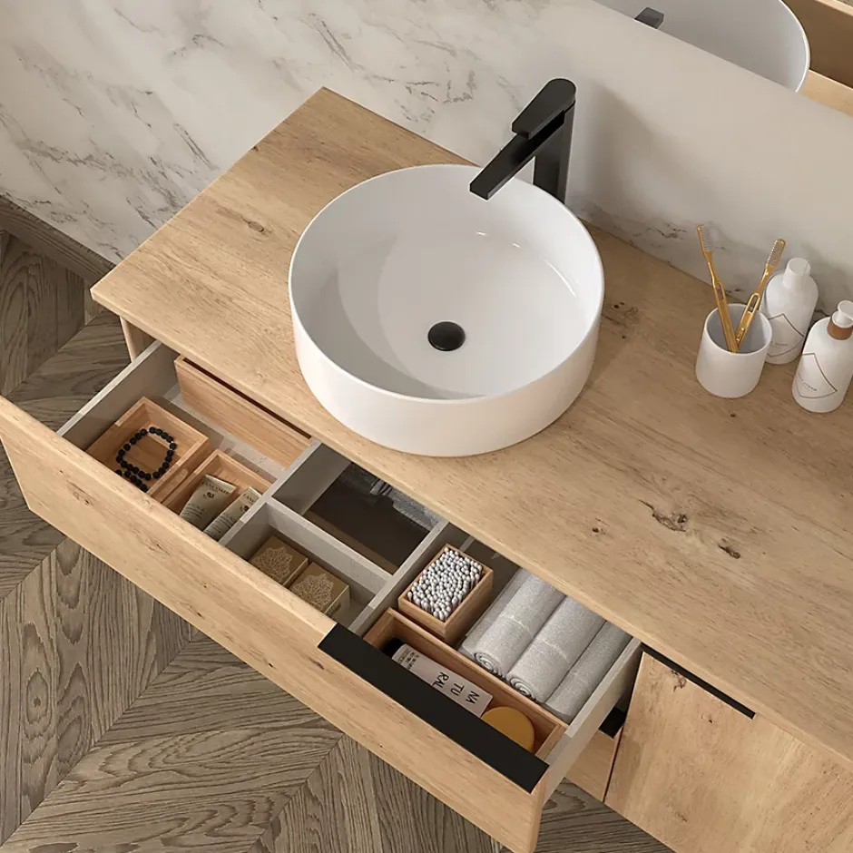 Cosyneo Meuble de salle de bain 100cm avec vasque à poser ronde - 2 tiroirs - roble (chêne clair) - KING* Ensemble Meuble De Salle De Bains