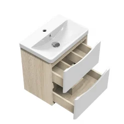 AICA Sanitaire Meuble de salle de bain 50cm avec 2 tiroirs, suspendu Blanc + Chêne* Meuble Sous-Vasque