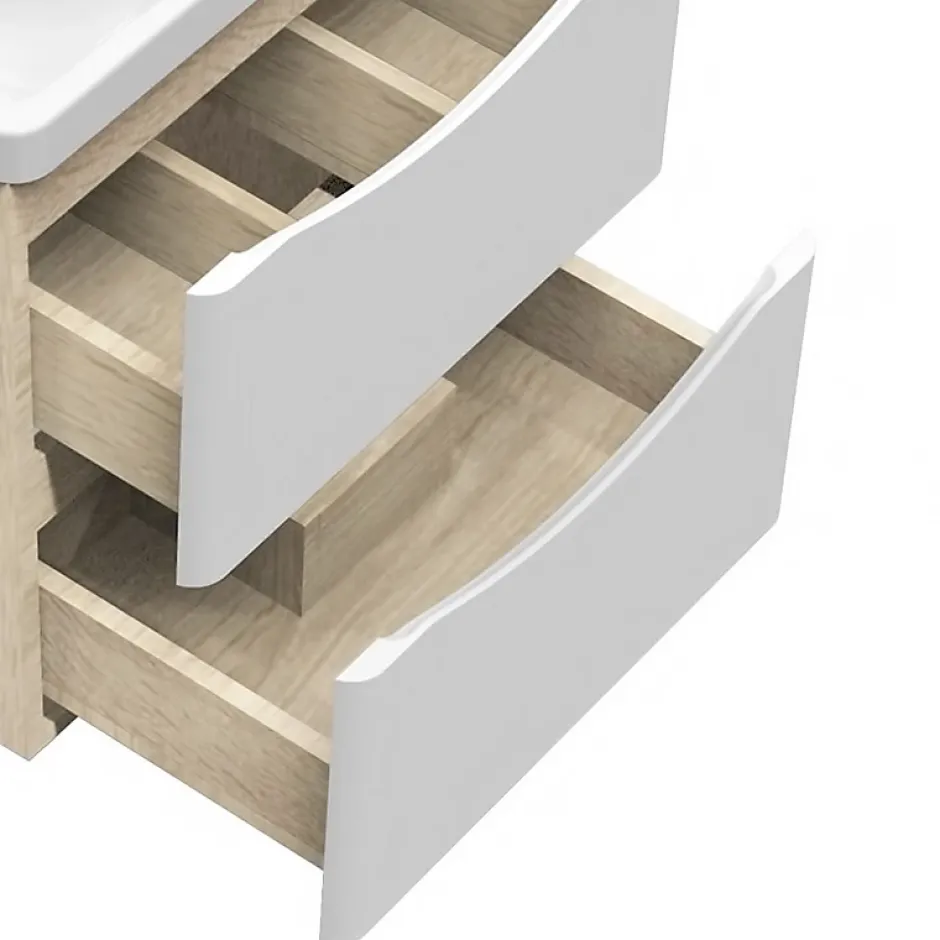 AICA Sanitaire Meuble de salle de bain 50cm avec 2 tiroirs, suspendu Blanc + Chêne* Meuble Sous-Vasque