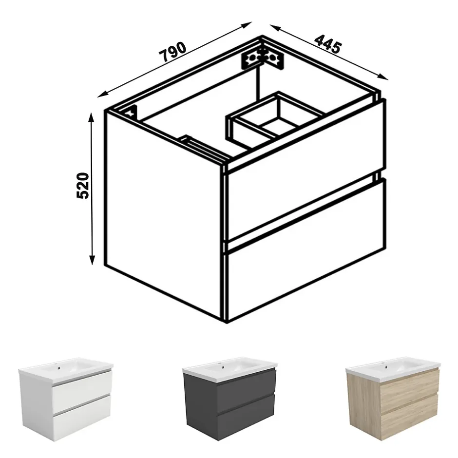 AICA Sanitaire Meuble de salle de bain chêne 80cm, suspendu avec 2 tiroirs* Meuble Sous-Vasque