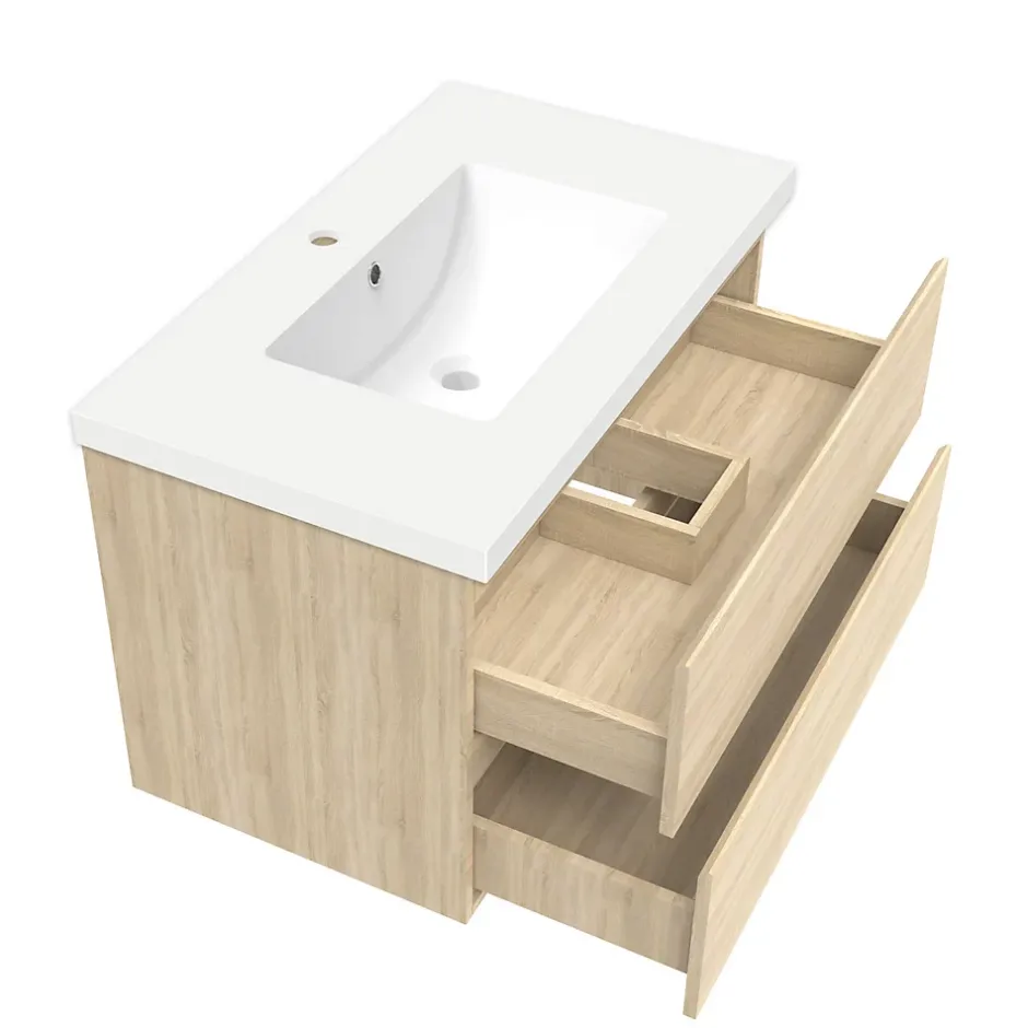 AICA Sanitaire Meuble de salle de bain chêne 80cm, suspendu avec 2 tiroirs* Meuble Sous-Vasque