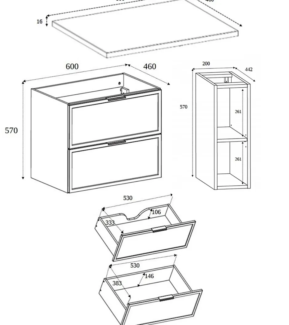 3xE Living Meuble de salle de bain, Chêne Craft, poignée dorée, 80 (60 + 20) x 46 x 57 cm
