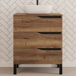 Cosyneo Meuble de salle de bain 80cm avec plateau et vasque à poser zeus - 3 tiroirs - sans miroir - tabaco (chêne foncé) - MATA* Meuble Vasque