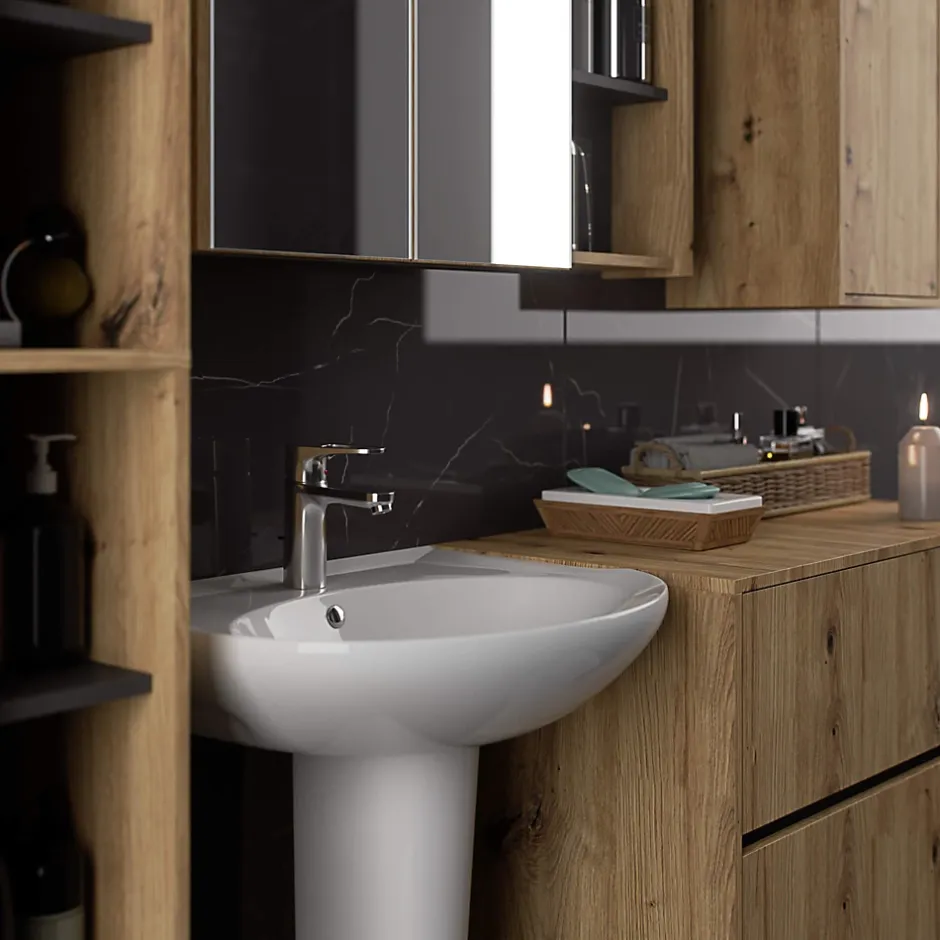 3xE Living Meuble de salle de bain, chêne artisanal/gris graphite, 90 x 75 x 15 cm