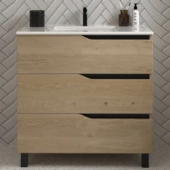 Cosyneo Meuble de salle de bain 60cm simple vasque - sans miroir - 3 tiroirs - madera miel (bois clair) - MATA
