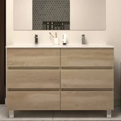 Cosyneo Meuble de salle de bain 120cm double vasque - sans miroir - 6 tiroirs - nebraska (bois clair) - MAYOR* Ensemble Meuble De Salle De Bains