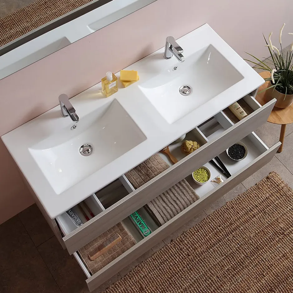 Kiamami Valentina Meuble De Salle De Bain 120Cm Lion Elm Avec Double Vasque Et Miroir 120X60 Berlin* Ensemble Meuble De Salle De Bains