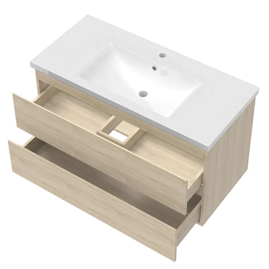 AICA Sanitaire Meuble de salle de bain chêne 100cm, suspendu avec 2 tiroirs* Meuble Sous-Vasque