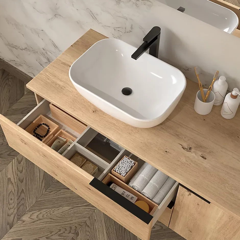 Cosyneo Meuble de salle de bain 100cm avec vasque à poser arrondie - 2 tiroirs - sans miroir - roble (chêne clair) - KING