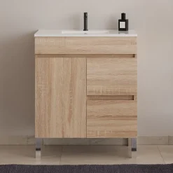 Cosyneo Meuble de salle de bain 60cm sur pieds avec simple vasque - sans miroir - porte et tiroirs - cambrian (chêne clair) - HARO* Meuble Vasque