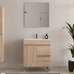 Cosyneo Meuble de salle de bain 60cm sur pieds avec simple vasque - sans miroir - porte et tiroirs - cambrian (chêne clair) - HARO* Meuble Vasque
