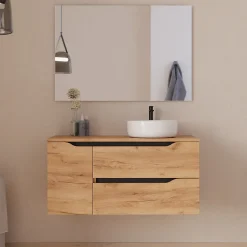 Cosyneo Meuble de salle de bain 100cm avec plateau, vasque à poser à droite Ares et miroir - 2 tiroirs et 1 placard - roble - ZARZA* Ensemble Meuble De Salle De Bains