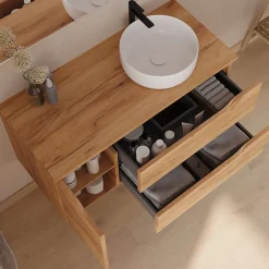 Cosyneo Meuble de salle de bain 100cm avec plateau, vasque à poser à droite Ares et miroir - 2 tiroirs et 1 placard - roble - ZARZA* Ensemble Meuble De Salle De Bains
