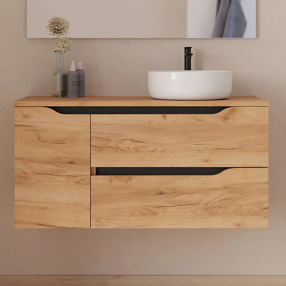 Cosyneo Meuble de salle de bain 100cm avec plateau, vasque à poser à droite Ares et miroir - 2 tiroirs et 1 placard - roble - ZARZA* Ensemble Meuble De Salle De Bains
