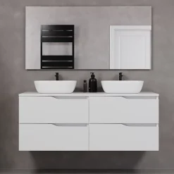 Cosyneo Meuble de salle de bain 140cm avec plateau et deux vasques à poser zeus - 4 tiroirs - blanc - LUNA