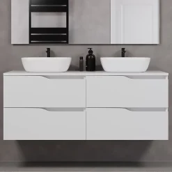 Cosyneo Meuble de salle de bain 140cm avec plateau et deux vasques à poser zeus - 4 tiroirs - blanc - LUNA