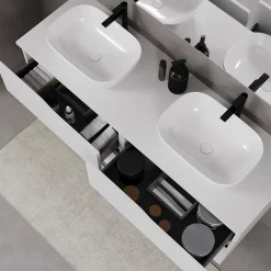 Cosyneo Meuble de salle de bain 140cm avec plateau et deux vasques à poser zeus - 4 tiroirs - blanc - LUNA