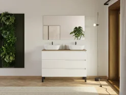 Cosyneo Meuble de salle de bain 120cm avec plateau miel et 2 vasques à poser Zeus - 3 tiroirs - sans miroir - blanc - MATA* Meuble Vasque