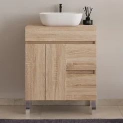 Cosyneo Meuble de salle de bain 70cm sur pieds avec plateau et 1 vasque à poser Zeus - sans miroir - portes et tiroirs - cambrian - HARO