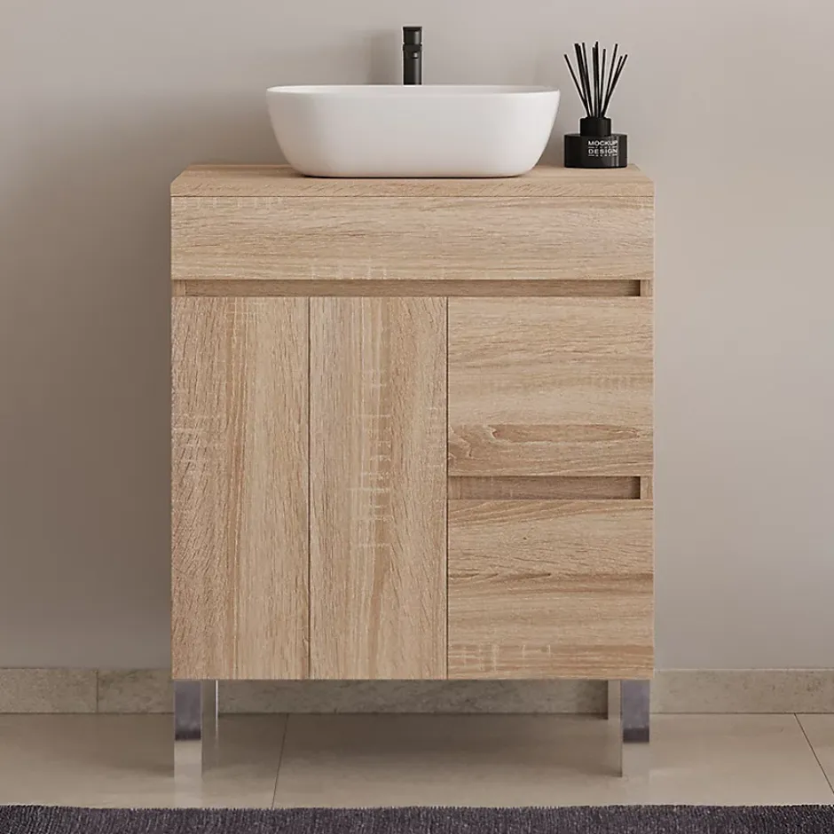 Cosyneo Meuble de salle de bain 70cm sur pieds avec plateau et 1 vasque à poser Zeus - sans miroir - portes et tiroirs - cambrian - HARO