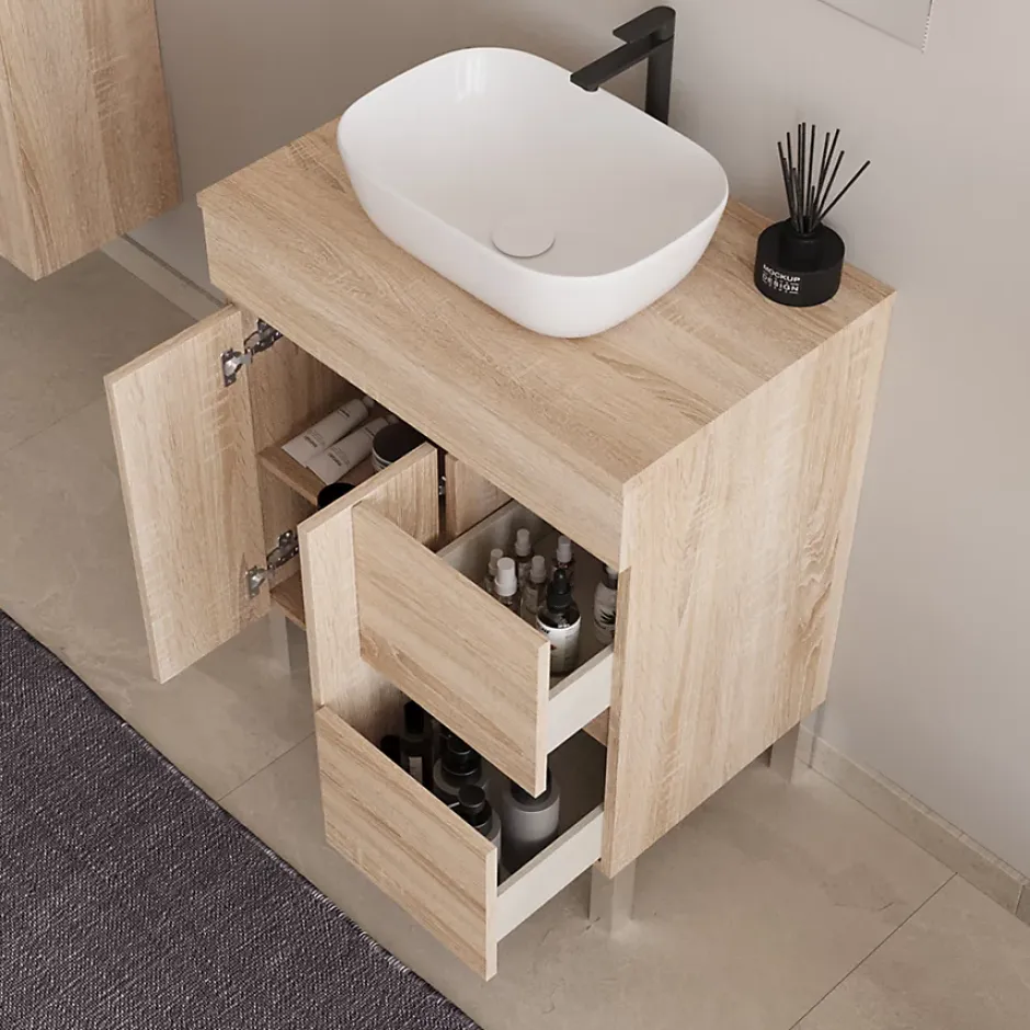 Cosyneo Meuble de salle de bain 70cm sur pieds avec plateau et 1 vasque à poser Zeus - sans miroir - portes et tiroirs - cambrian - HARO
