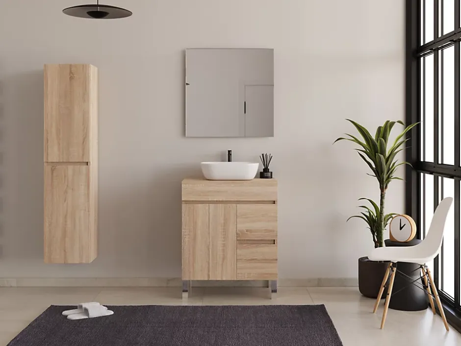 Cosyneo Meuble de salle de bain 70cm sur pieds avec plateau et 1 vasque à poser Zeus - sans miroir - portes et tiroirs - cambrian - HARO