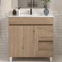 Cosyneo Meuble de salle de bain 70cm simple vasque sans miroir sur pieds avec portes et tiroirs - cambrian (chêne clair) - HARO