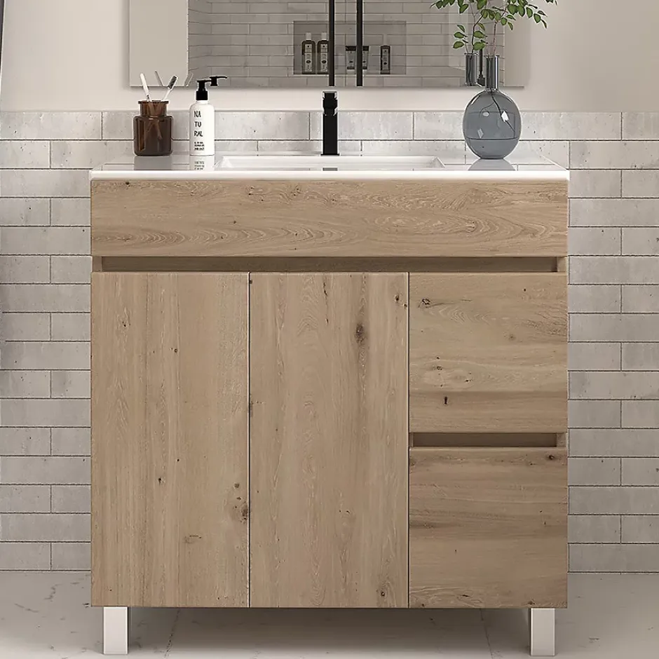 Cosyneo Meuble de salle de bain 70cm simple vasque sans miroir sur pieds avec portes et tiroirs - cambrian (chêne clair) - HARO