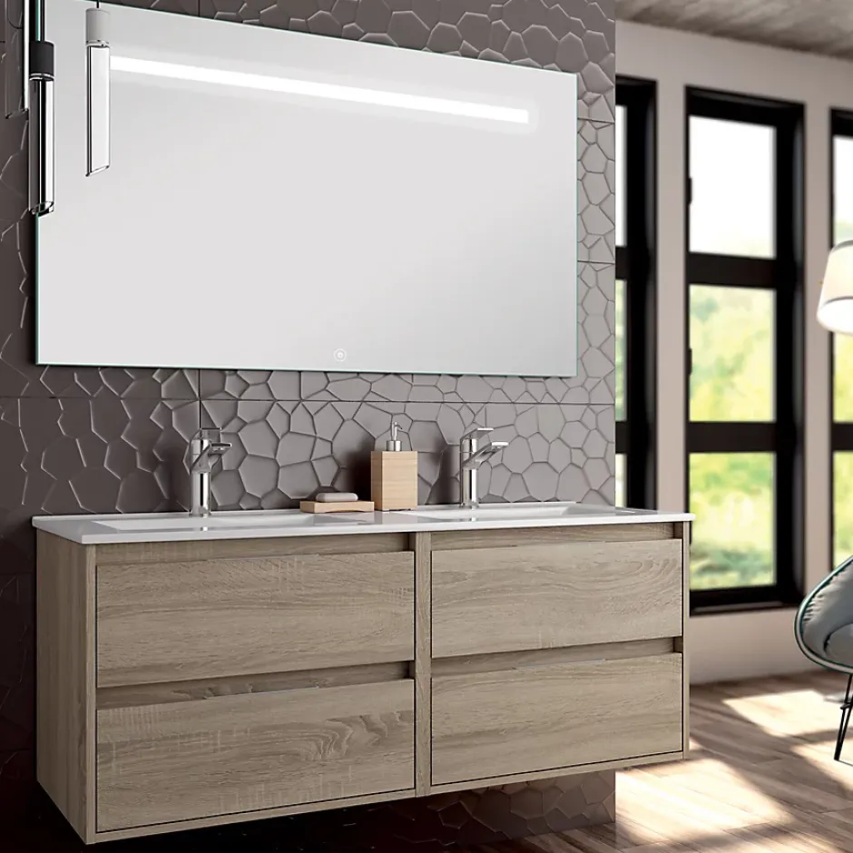Cosyneo Meuble de salle de bain double vasque - 4 tiroirs - IRIS et miroir Led STAM - cambrian (chêne) - 120cm
