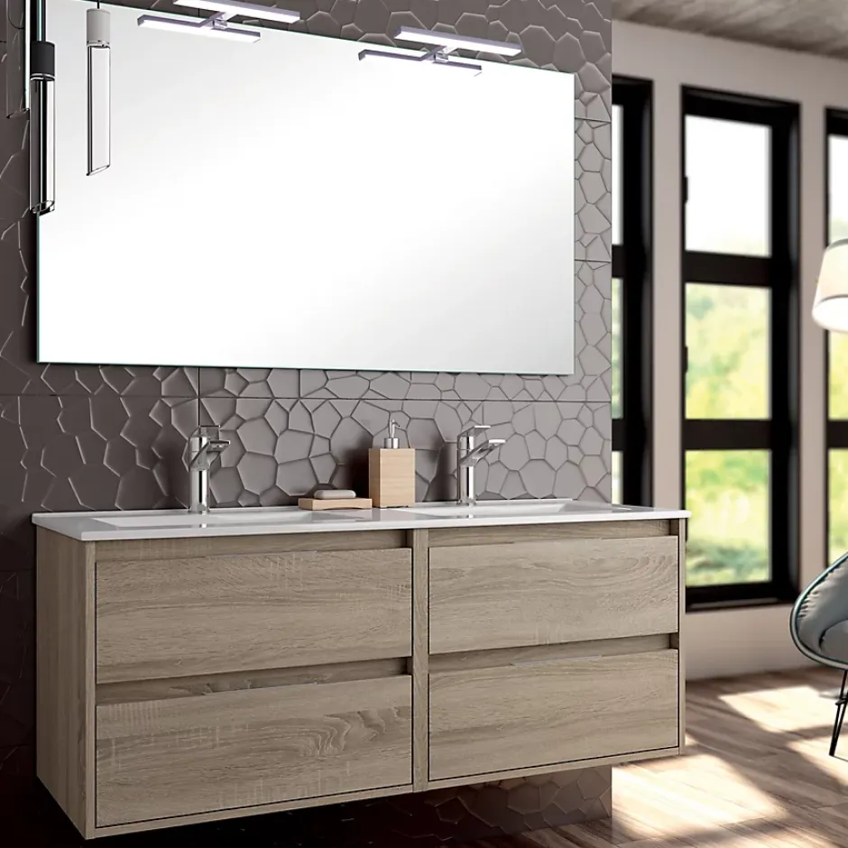 Cosyneo Meuble de salle de bain double vasque - 4 tiroirs - IRIS et miroir Led STAM - cambrian (chêne) - 120cm