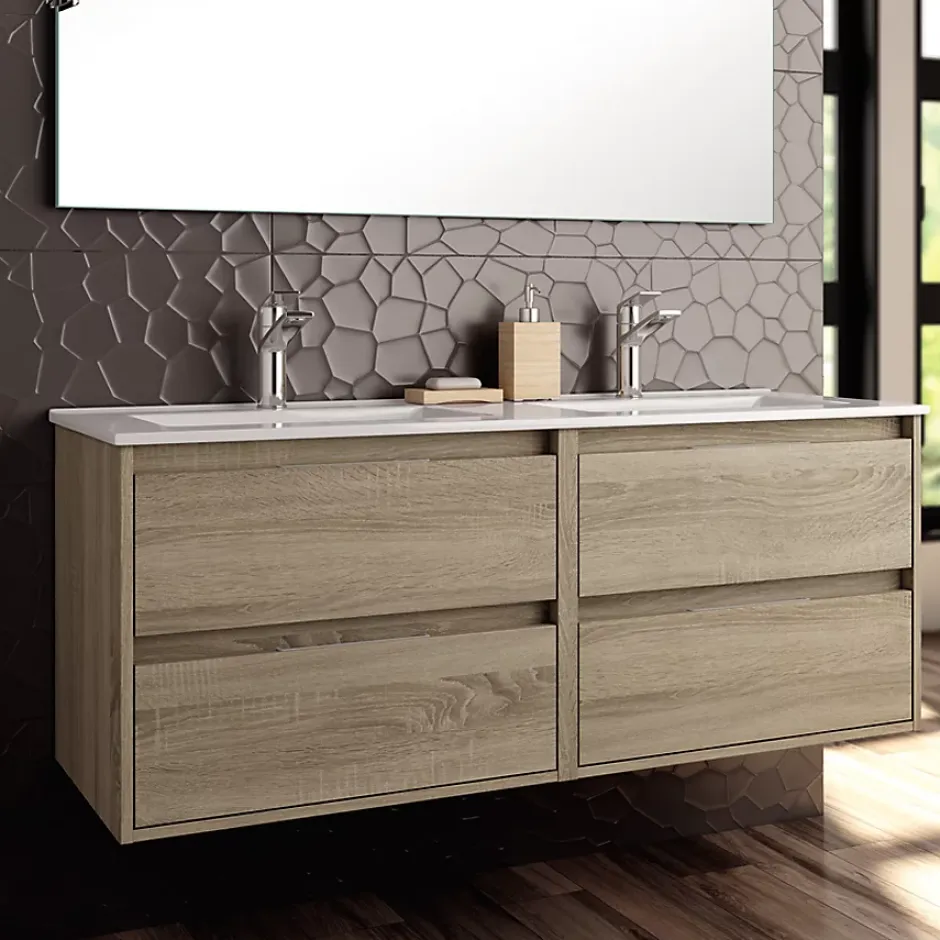 Cosyneo Meuble de salle de bain double vasque - 4 tiroirs - IRIS et miroir Led STAM - cambrian (chêne) - 120cm