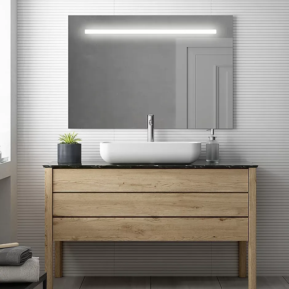 Cosyneo Meuble de salle de bain double vasque - 4 tiroirs - IRIS et miroir Led STAM - cambrian (chêne) - 120cm