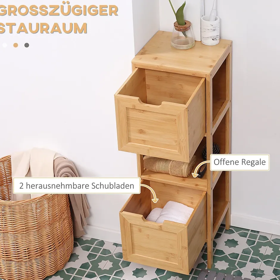 ProximaX Meuble de salle de bain en bambou avec 2 tiroirs, meuble bas latéral style campagnard, dispositif anti-basculement