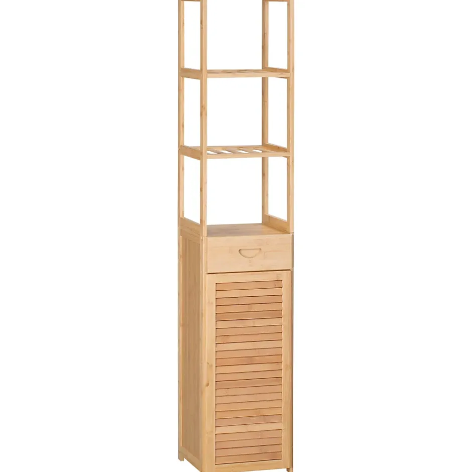 ProximaX Meuble de salle de bain en bambou naturel, avec tiroir, trois étagères et compartiment ouvert, Bois naturel.