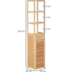ProximaX Meuble de salle de bain en bambou naturel, avec tiroir, trois étagères et compartiment ouvert, Bois naturel.