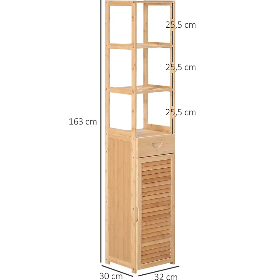 ProximaX Meuble de salle de bain en bambou naturel, avec tiroir, trois étagères et compartiment ouvert, Bois naturel.