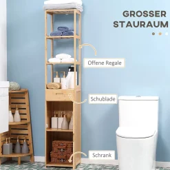 ProximaX Meuble de salle de bain en bambou naturel, avec tiroir, trois étagères et compartiment ouvert, Bois naturel.