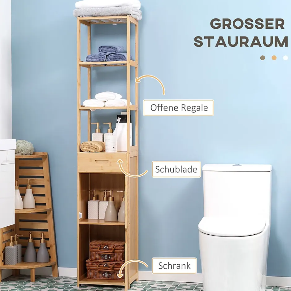 ProximaX Meuble de salle de bain en bambou naturel, avec tiroir, trois étagères et compartiment ouvert, Bois naturel.