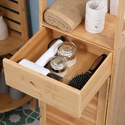 ProximaX Meuble de salle de bain en bambou naturel, avec tiroir, trois étagères et compartiment ouvert, Bois naturel.