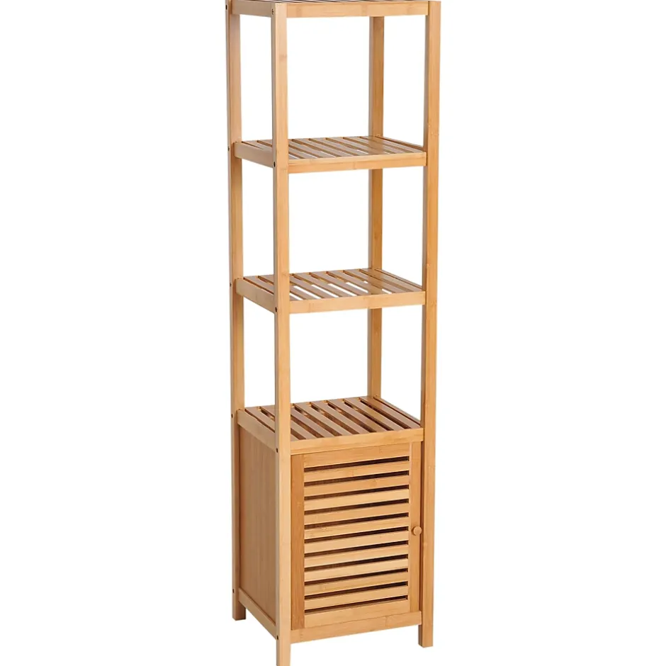 ProximaX Meuble de salle de bain en bambou naturel avec 3 compartiments ouverts, dimensions 36 x 33 x 140 cm pour un rangement optimal.