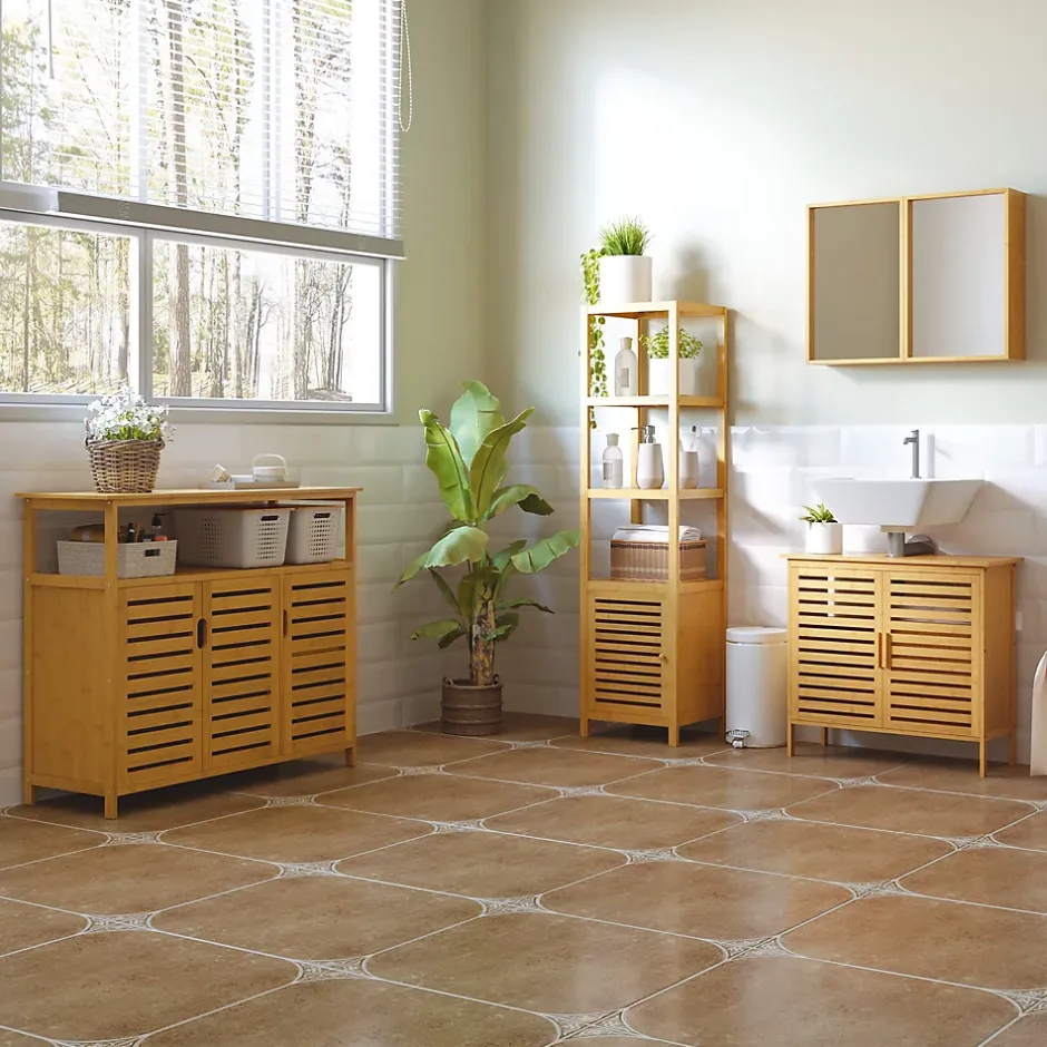 ProximaX Meuble de salle de bain en bambou naturel avec 3 compartiments ouverts, dimensions 36 x 33 x 140 cm pour un rangement optimal.
