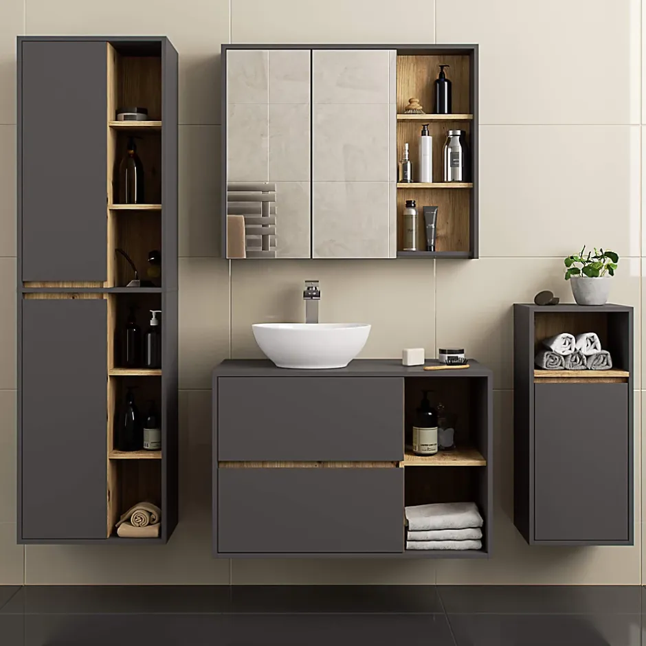 3xE Living Meuble de salle de bain, gris graphite/chêne artisanal, 50 x 170 x 30 cm