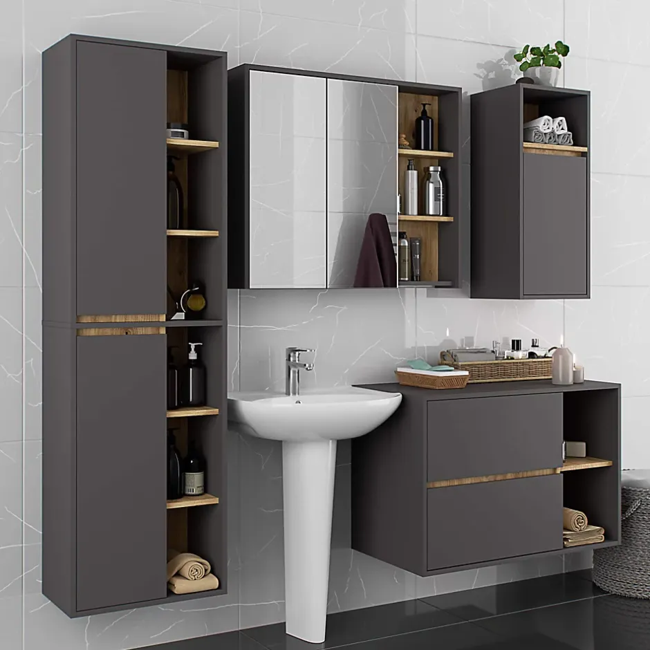 3xE Living Meuble de salle de bain, gris graphite/chêne artisanal, 50 x 170 x 30 cm