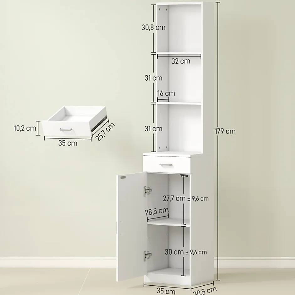 ProximaX Meuble de salle de bain haut et étroit, avec tiroir, porte et étagères réglables, pour salle de bain ou salon, blanc* Meuble Wc