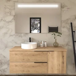 Cosyneo Meuble de salle de bain KING avec vasque à poser ronde et miroir Led STAM - Roble (chêne clair) - 120cm
