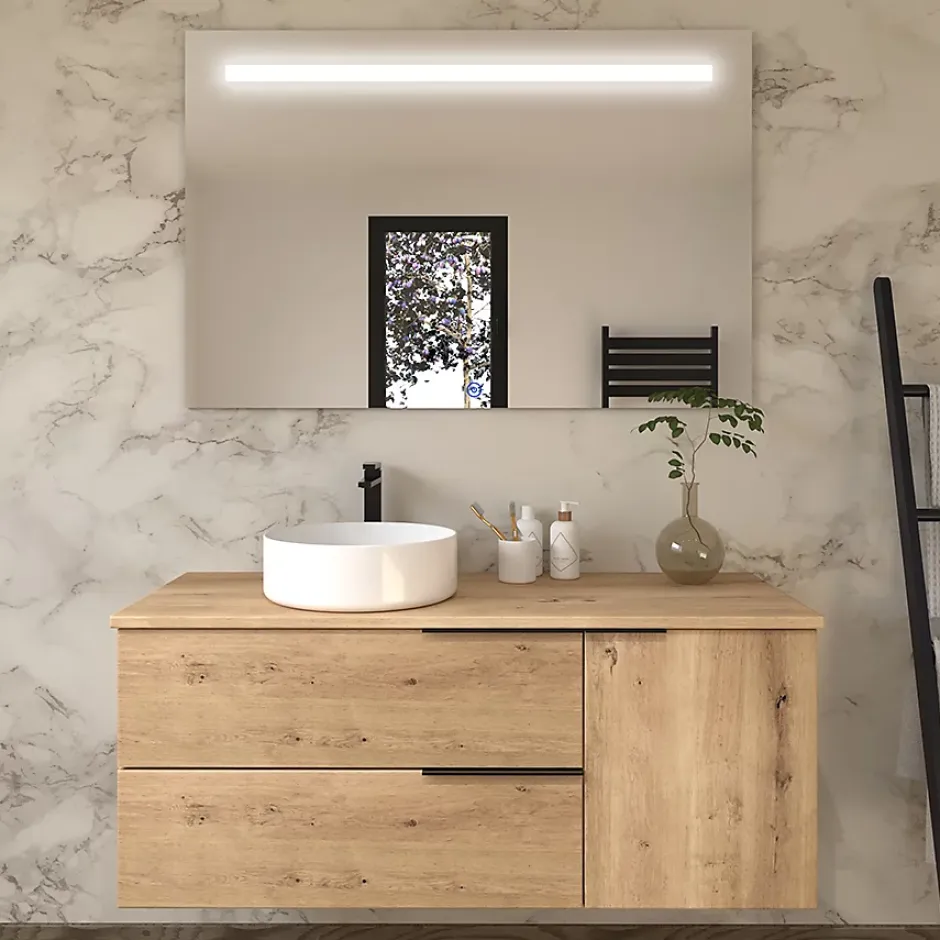 Cosyneo Meuble de salle de bain KING avec vasque à poser ronde et miroir Led STAM - Roble (chêne clair) - 120cm