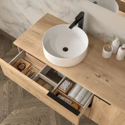 Cosyneo Meuble de salle de bain KING avec vasque à poser ronde et miroir Led STAM - Roble (chêne clair) - 120cm
