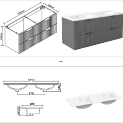 AICA Sanitaire Meuble de salle de bain mural 120 cm Anthracite - 4 tiroirs + Lavabo double en céramique,