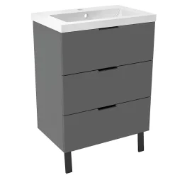AICA Sanitaire Meuble de salle de bain mural avec pieds Anthracite 60 cm - 3 tiroirs, lavabo inclus,